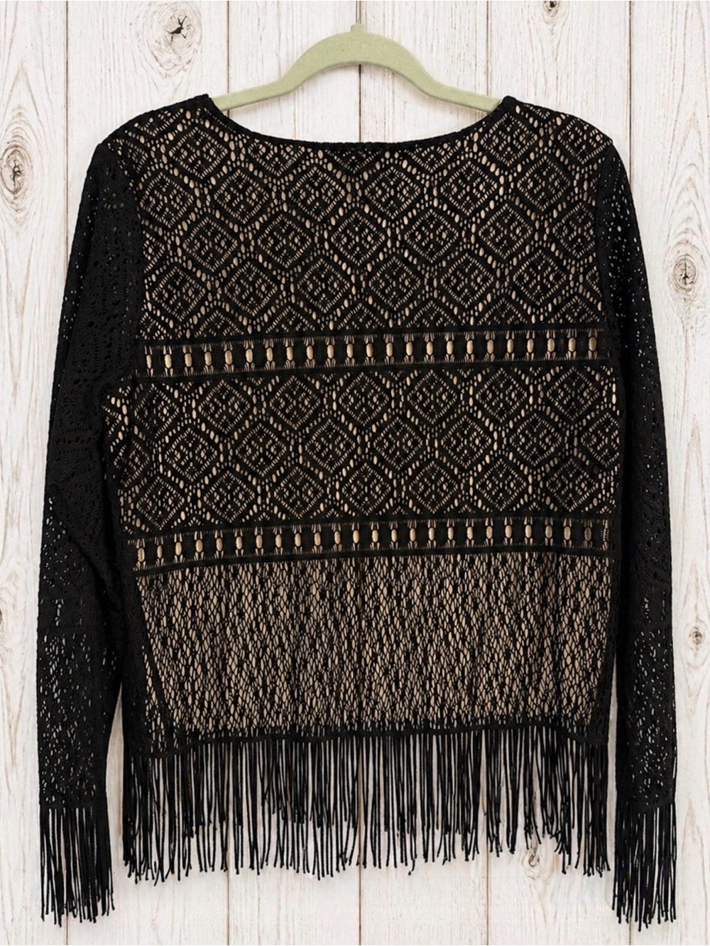 Mix It Black Lace Fringe Boho Blouse Long Sleeve Sheer Overlay Lined Top Size L - Picture 6 of 11